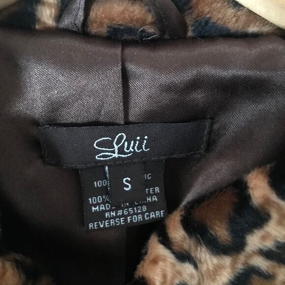 Luii Faux Fur Leopard Animal Print Classic Fall peplum jacket coat Brown Black S - Picture 12 of 15